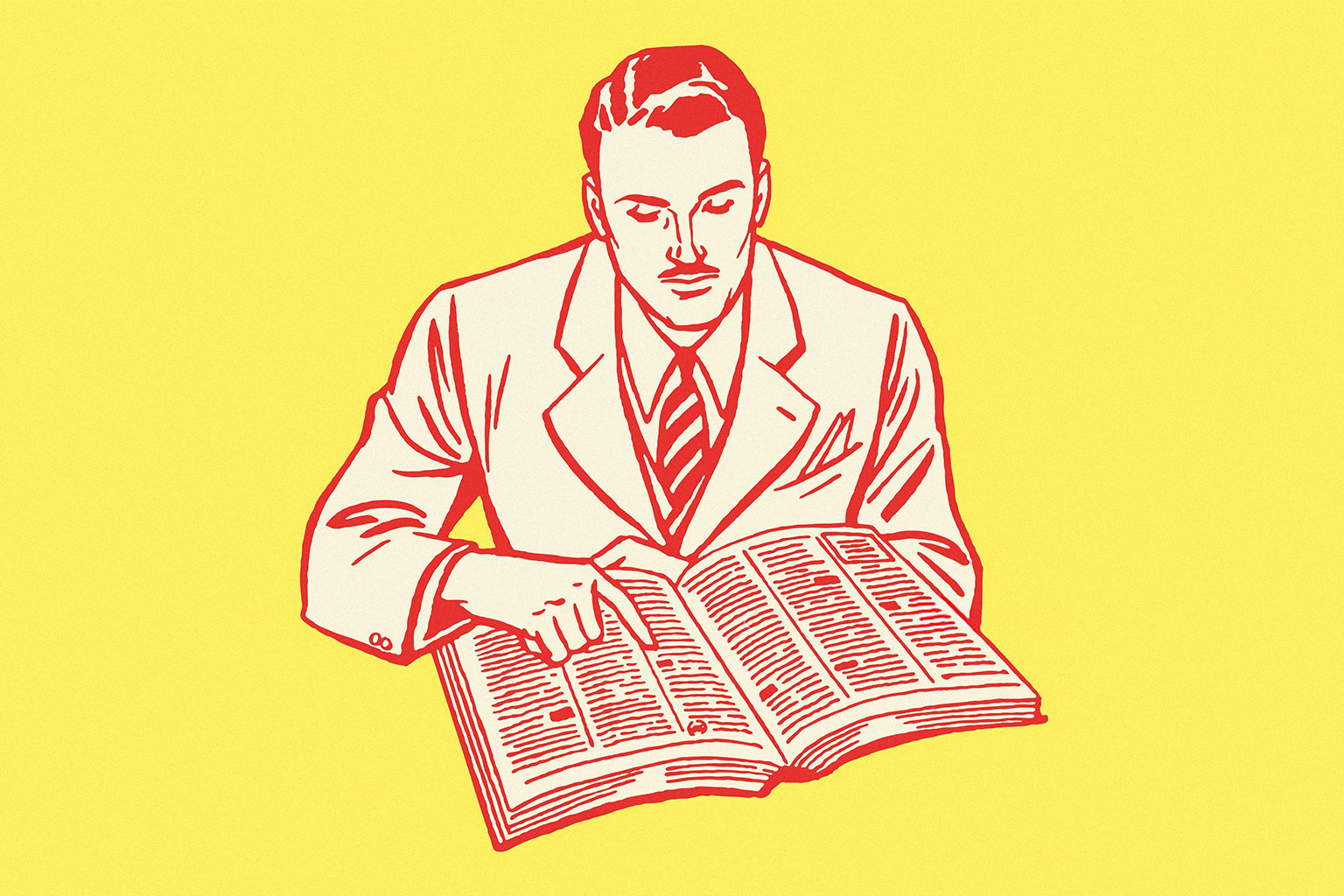 Man reading book vintage illustration with red and yellow colours